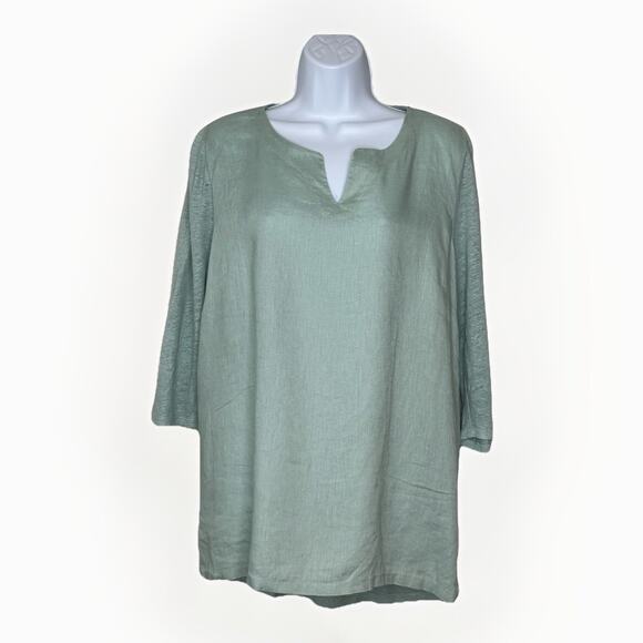 J Jill LOVE LINEN 100% Linen V-Neck Tunic Top Lg Petite Green Aqua Beachy Resort - Picture 1 of 14
